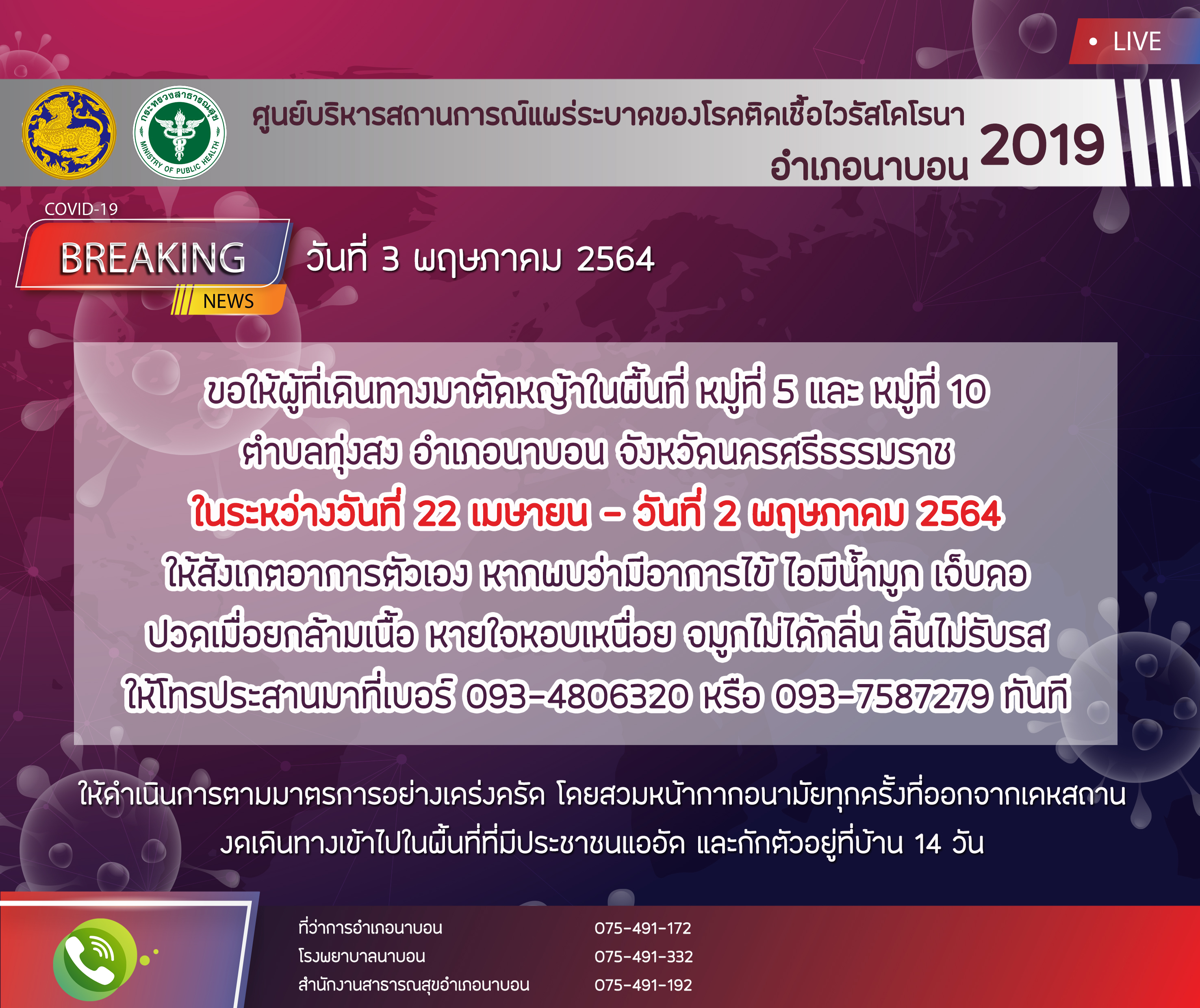 รายงานสถานการณ์ Covid-19 อำเภอนาบอน วันที่ 3 พฤษภาคม 2564